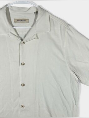 Tommy Bahama Mens Large Silk Rayon Short Sleeve Button Down Shirt Cream Textured